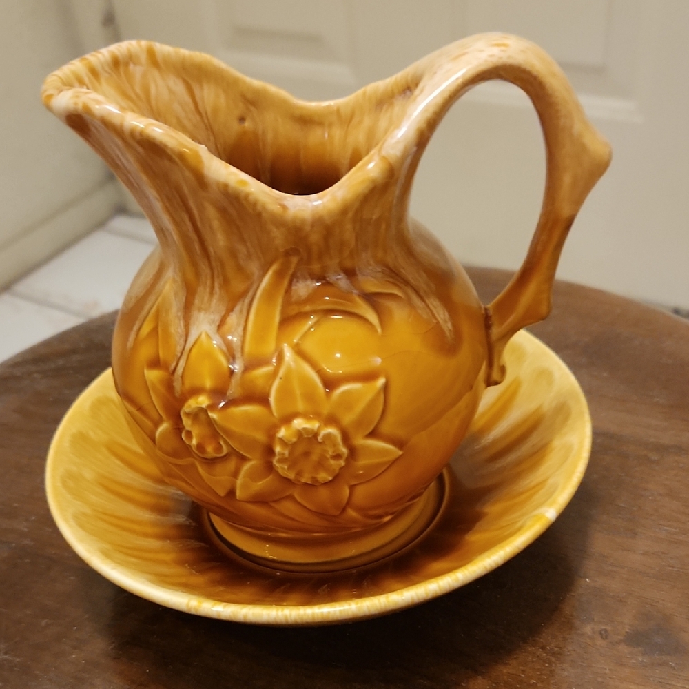 Vintage Ceramic Pitcher and Saucer Set - Brown Floral Design